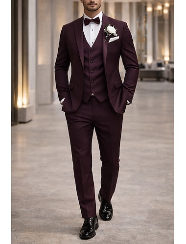  Menn Smokings drakter Strandbryllup Vårbryllup Burgunder Drue Vår sommer Dress Hakkjakkeslag Mote Formelt Ensfarget Standard passform 3 deler sett Enkelt Brystet Enn-knapp