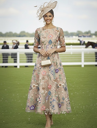  Ligne A Robe Longueur cheville Robe de Cocktail Robe d'invité de mariage Robe de Mère de Mariée  Demi Manches Col en V Élégant Occasionnel Formel robe demoiselle d honneur Kentucky Derby Chiffon Tulle
