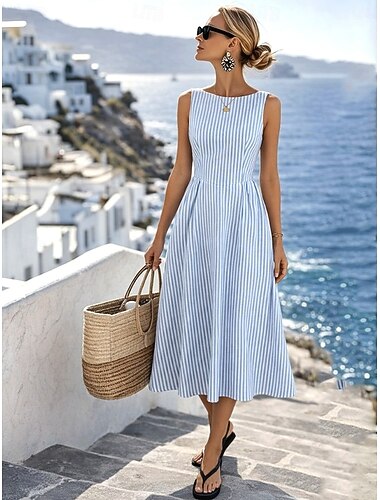  Mulheres Vestido midi Vestido A Line Vestido de verão Casual Diário Normal Listrado Sem Manga Gola Redonda Azul Verão
