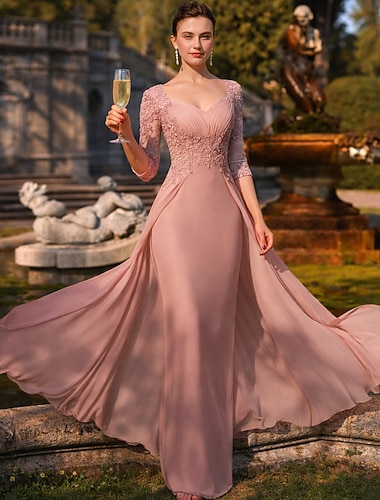  Linjeform Gulvlengde Gjestekjole til bryllup Formell kjole Aftenkjole Kjole til brudens mor 3/4 ermer Firkantet hals Elegant Fest Formell Bryllupsgjest Chiffon Blonder med Paljett Appliqué Ruchiing