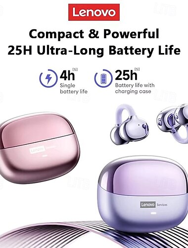  Écouteurs intra-auriculaires sans fil Lenovo à clip, Bluetooth 5.3, étui de chargement, 25 h d'autonomie, format compact &Son puissant, micro intégré, écouteurs confortables pour le sport et