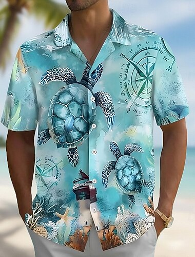  Herre Kompass Skilpadder Sjøskapninger Hawaii skjorte Skjorte med knapper Aloha skjorte Kortermet Hawaiisk Feriereise Strand Klær Sommer Vår Aftæpning 3D-utskrift krage skjorter Blå Lilla Kakifarget
