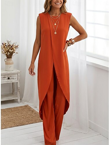  Damen Hosen-Sets Ärmellos Rundhals Einfach Gerafft Patchwork Elegant Mode Streetwear Lässig Täglich Outdoor Schwarz Hellgrün Rote Sommer Lässiger Schnitt
