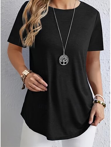  Dame T skjorte T-skjorte Helfarge Elegant Mote Klassisk Kortermet Crew-hals Vanlige topper Daglig Ut på byen Helg Blå Svart Rød Lilla Grønn Sommer Vår