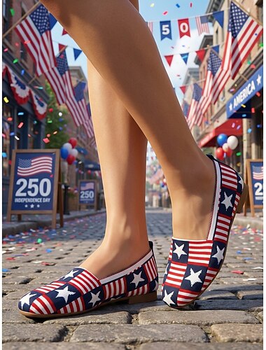  Damesballerina's USA 250 patriottische ballerina's - ademende gebreide gestreepte schoenen met sterrendetails &Vierkante neus voor de Amerikaanse Onafhankelijkheidsdag, dagelijks comfort