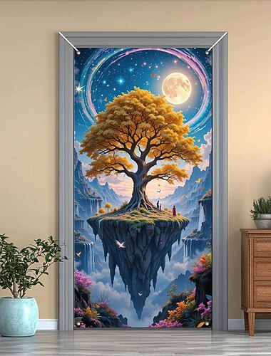  albero della vita fantasy, albero dorato, isola galleggiante, luna piena, notte stellata, striscione per porta, arazzo da parete, paesaggio magico, arredamento per la casa, decorazione per porta