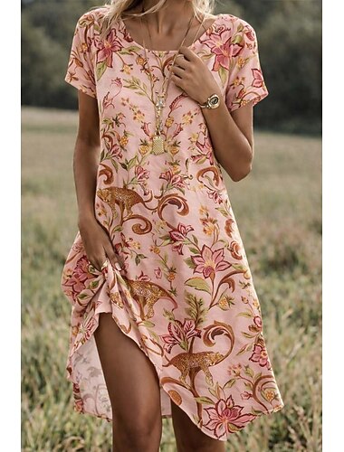  Damen Minikleid T-Shirt-Kleid A Linie Kleid Sommerkleid Lässig Täglich Strand Ferien Lässiger Schnitt Blumen Kurzarm Rundhalsausschnitt Hellgrün Rosa Sommer Frühling