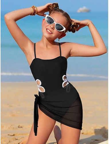  Bambini Ragazze Costume da bagno All'aperto Spiaggia Blocco di colori Vacanza Moda Traforato Costumi da bagno Dai 4 anni in su Estate Blu Nero