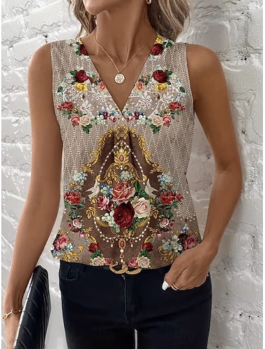  Damen Tank Top Blumen Grafik Stammes Elegant Vintage Tropisch Ärmellos V Ausschnitt Normale Oberteile Täglich Weiß Kamel Sommer Frühling
