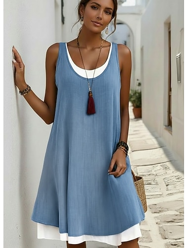  Damen Minikleid Skaterkleid Sommerkleid Basic Lässig Täglich Ferien Schlank Einfach Ärmellos Rundhalsausschnitt Blau Schwarz Hellgrün Hell Gray Sommer Frühling