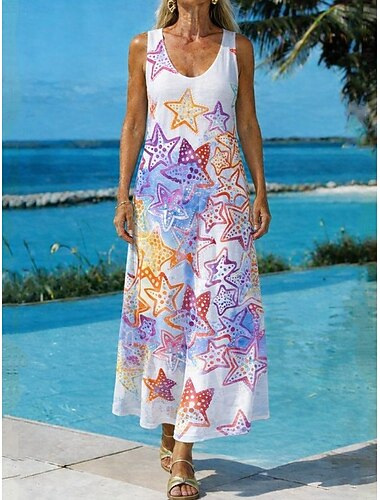  Damen Maxikleid A Linie Kleid Lässig Täglich Normale Passform Blumen Grafik Stern Ärmellos V Ausschnitt U-Ausschnitt Weiß Sommer Frühling