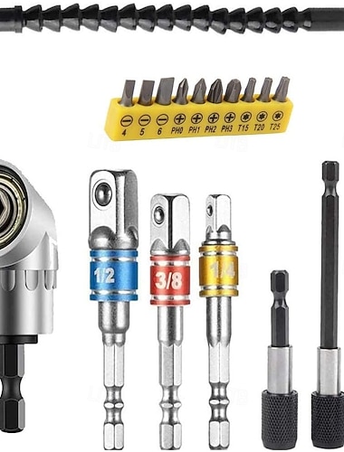  Flexibles Bohrerverlängerungsset, inklusive 105°-Winkelbohrer, biegsamer Bohrerverlängerung, 3-teiligem Universal-Steckschlüssel-Adapterset (1/4", 3/8", 1/2"), 3 Bohrerhaltern und