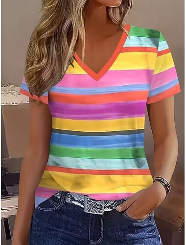  Dames T-shirt Afdrukken Gestreept  Grafisch Gestreept Stijlvol Klassiek Casual Korte mouw V-hals Normale tops Dagelijks Sportschool Sport blauw Regenboog Zomer Lente