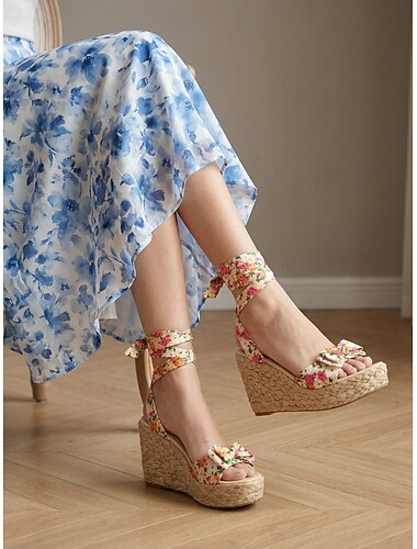  Sandálias femininas românticas rosa com estampa floral e salto anabela - confortáveis espadrilles com tiras de amarrar no tornozelo. &Detalhe de laço para resorts ao ar livre, férias de verão &festas