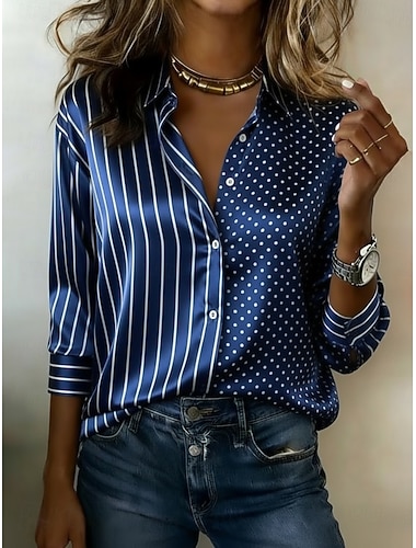  Mulheres Camisa Social Blusa de cetim Imprimir Listrado Férias Moda Diário Manga Longa Colarinho de Camisa Tops regulares Diário Feriado Para Noite Azul Preto Verde Tropa Roxo Laranja Verão Primavera