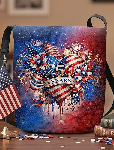  Damen-Umhängetasche aus beflocktem Polyester mit verstellbarem Riemen, patriotisches Design zum 250. Jahrestag und Unabhängigkeitstag, perfekt für den Alltag und amerikanische Feierlichkeiten