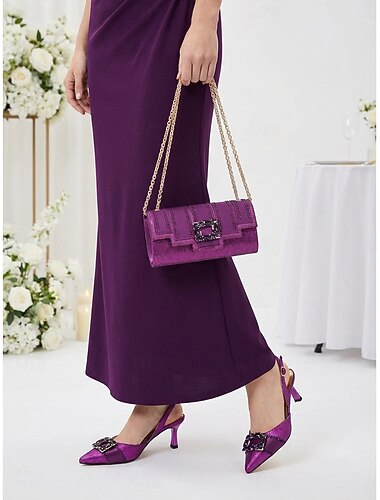  Lilla satenghæl og matchende veskesett for kvinner – elegant slingback-sett, perfekt for mødre som skal i bryllup i byen