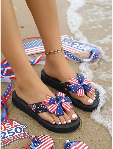  Dames slippers ter ere van het 250-jarig jubileum van de VS – patriottische strandsandalen met Amerikaanse vlag, strik en bloemenprint voor 4 juli en vakantie. &zomer