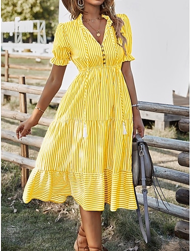  Per donna Abito Midi Vestito Casual Vestito a ruota Elegante Moda Moderno All'aperto Vacanza Uscire Vestibilità regolare A righe Manica Corta Scollo a V Blu Giallo Rosa Verde Estate Primavera