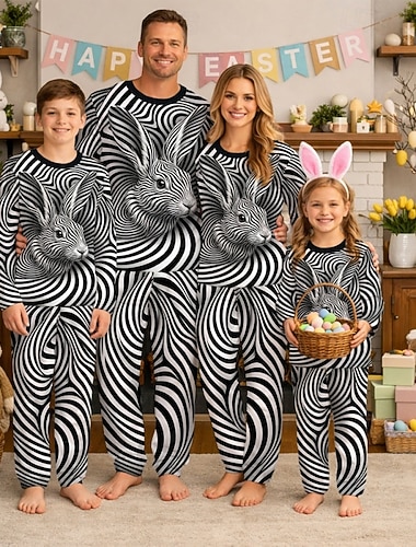  משפחה פסחא פיג'מות גראפי אַרנֶבֶת פסים קזו'אל דפוס שחור -1 שחור -3 שחור -4 שרוול ארוך חופשה תלבושות תואמות