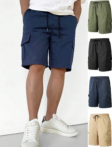  Herren Cargohose Cargohosen Cargo-Shorts Shorts Freizeitshorts Kordelzug Tasche Elastischer Bund Einfach Komfort Atmungsaktiv Kurz Lässig Outdoor Strand Urlaub Mode Blau Schwarz Unelastisch