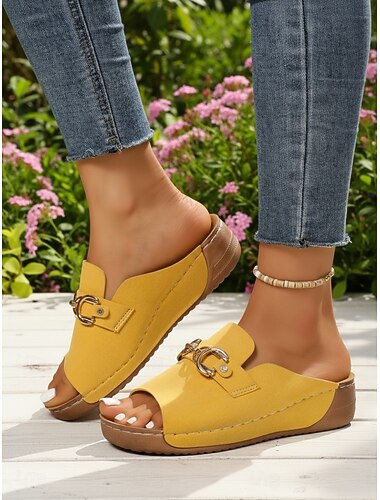  Gele muiltjes met open neus en ketting voor dames – comfortabele casual sandalen voor dagelijks gebruik, in de tuin of op reis.