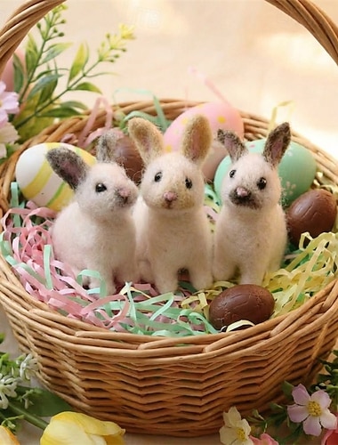  pääsiäiskori täyte 3 kpl realistinen neulahuovutettu pupu, käsintehty miniatyyri villakanin pehmolelu, pehmeä, elävän näköinen kevätlomalahja lapsille taaperoille, pieni valkoinen pupu kodinsisustus