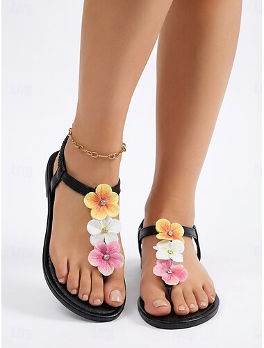 Sandálias femininas boêmias com tira em T e estampa floral - calçado preto confortável para caminhada, com detalhes de flores coloridas em 3D e tira elástica no calcanhar, ideal para férias ao ar livre, festivais de verão e passeios na praia.