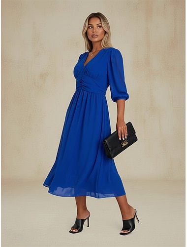  Per donna Abito Midi Abito nero Vestito in Chiffon Abito Elegante Elegante Moda Classico Quotidiano All'aperto Spiaggia Vestibilità regolare Semplice Manica 3/4 Scollo a V Blu Nero Verde Estate