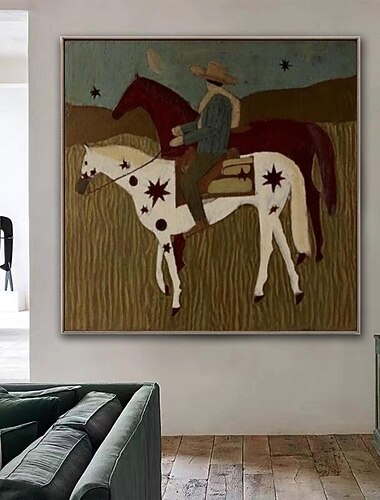  Vintage-Ölgemälde im Westernstil mit Cowboys und Pferden, volkskünstlerische Szene, nächtliche Prärie, rustikale Wanddekoration mit Sternenmuster, handgemaltes Retro-Motiv