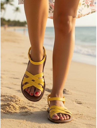  Sandales jaunes pour femmes - sandales plates et colorées pour l'été, idéales pour les vacances à la plage et les séjours insulaires. &vacances tropicales