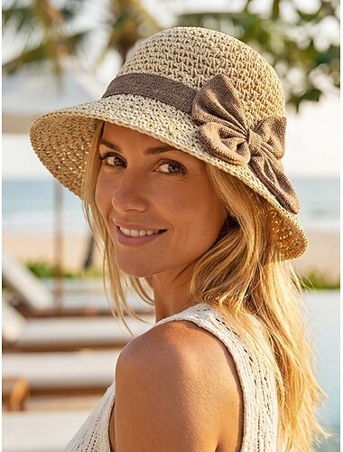  Dame bohemsk stråhatt med sløyfe – flere farger, sammenleggbar for enkel bæring, perfekt for fritidsbruk og strandferiestil