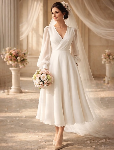 Ligne A Longueur cheville petite robe blanche Robes de soirée Robes pour enterrement de vie de jeune fille robe de mariée Élégant Quotidien Manches évêque manche longue Col en V Remise des Diplômes