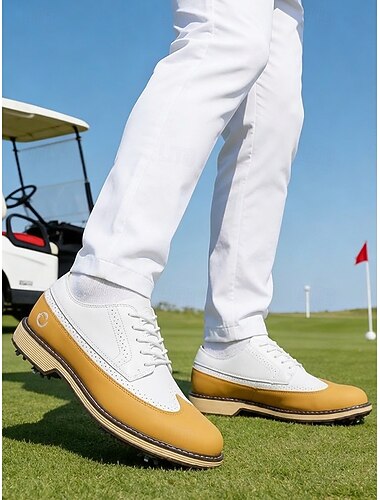  Miesten valkoiset ja ruskeat golfkengät, nahkapäällinen, kevyt iskunvaimennus, liukumaton pohja, ihanteelliset golfkentälle ja ulkoiluun