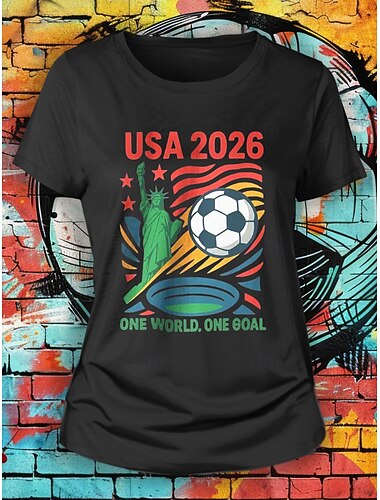  Camiseta Feminina 2026 Jogo de Futebol Mundial Impressão Gráfica Letra Estilosa Clássica Casual Manga Curta Gola Redonda Regular Tops Diário Azul Preto Branco Vermelho Verão Primavera