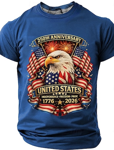  4. července 2026 250. vzpomínkový den Pánské 3D potisk tričko s US vlajkou s kulatým výstřihem a krátkým rukávem každodenní ulice