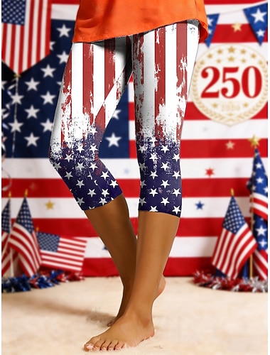  Femmes Leggings Vacances Mode Occasionnel Capris Taille hautePantsJour de l'Indépendance américaine Graphique Drapeau Américain Imprimé Confort Doux Confortable Élastique Quotidien Rue Fête Bleu