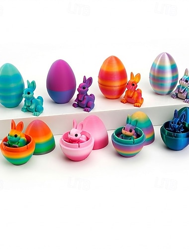  3D-tulostetut pääsiäismunat, joissa on yllättävä nivelletty pupu sisällä, sateenkaaren värinen mysteerimunalelu, nivelletty kani fidget, pääsiäiskorin täytemateriaalit lapsille, munajahtipalkinnot,