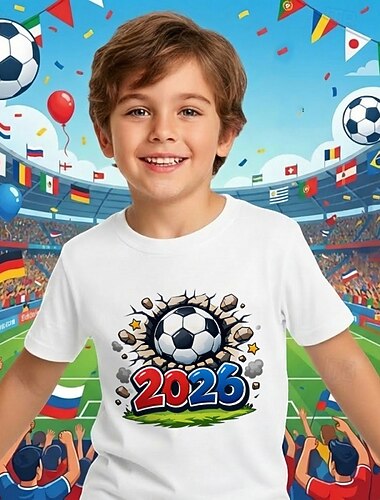  100 % bomull Barn Pojkar Svart Vit Grafisk Fotboll Fotbolls-T-shirts T-shirt Blus Rund hals Kortärmad Utomhus Vardag Mode Streetwear Designer Tryck Sommar