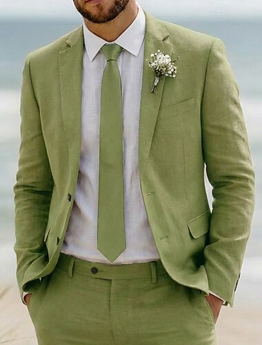  Herren Leinenanzüge Strandhochzeit Lässig Weiß Burgunderrot Frühling & Sommer Anzug Gekerbtes Revers Täglich Lässig Einfarbig Figurbetonter Schnitt 2-teilig Einreihige Zwei-Knopf-Jacke