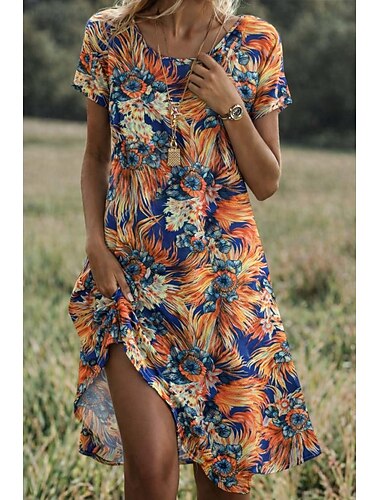  Damen Minikleid T-Shirt-Kleid A Linie Kleid Sommerkleid Lässig Täglich Strand Ferien Lässiger Schnitt Blumen Grafik Blatt Kurzarm Rundhalsausschnitt Orange Aprikose Sommer Frühling