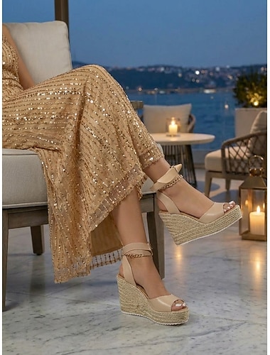  Sandales compensées espadrilles beiges pour femme avec bride cheville - chaussures élégantes pour les soirées de vacances.