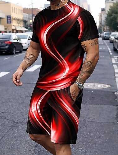  Herre Geometrisk Linje 2stk T-skjorter sett Sommertopper Kortermet Korte bukser Crew-hals Sport Fritid trendy Daglig Feriereise Ut på byen 3D-utskrift Sommer Blå Hvit Lilla