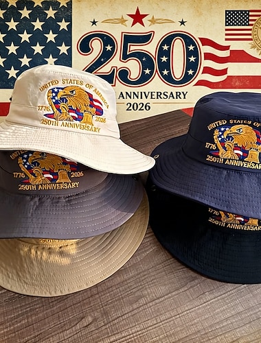  Bestickter Fischerhut zum 250-jährigen Jubiläum der USA, amerikanischer Fischerhut zum 250-jährigen Bestehen (1776–2026), faltbare patriotische Sonnenhüte für Damen und Herren, atmungsaktiv und vielseitig für alle Jahreszeiten