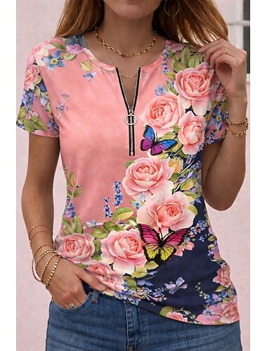  Per donna Maglietta Cerniera Zip a un quarto Grafico Geometrico A righe Tropicale Hawaiano Elegante Manica Corta Girocollo Scollo a V Top Regolari Quotidiano Sportivo Uscire Bianco Rosa Estate