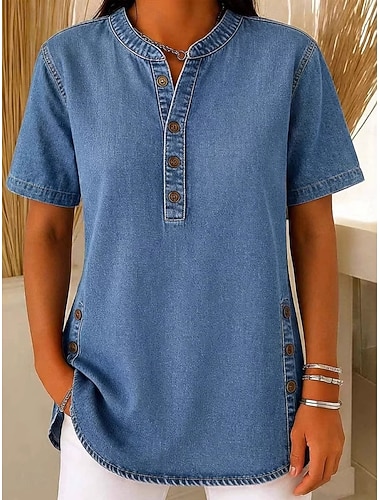  Dame Skjorte Bluse Knapper عادي Stilfull Klassisk Moderne Kortermet V-hals Vanlige topper Daglig Ferie Ut på byen Blå Lyseblå Sommer Vår