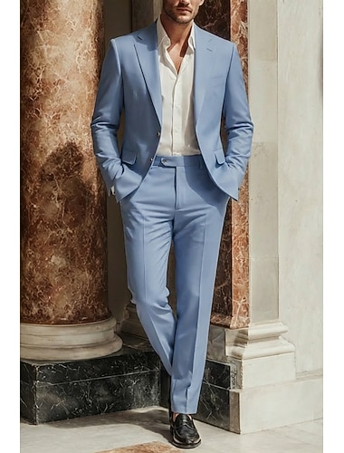  Heren Smoking Linnen pakken Casual Semi formeel Blozend Roze Hemelsblauw Lente zomer Pak Ingesneden revers Dagelijks Lichtgewicht Effen Strak 2-delige set Enkele rij knopen met twee knopen