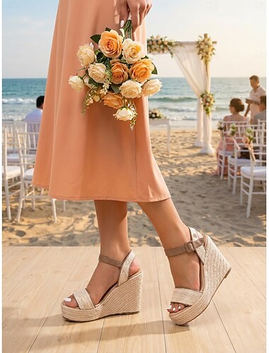  Sandalias de cuña beige para mujer: zapatos de dama de honor cómodos para bodas en la playa, ceremonias de verano al aire libre, tacones elegantes para invitadas de boda.
