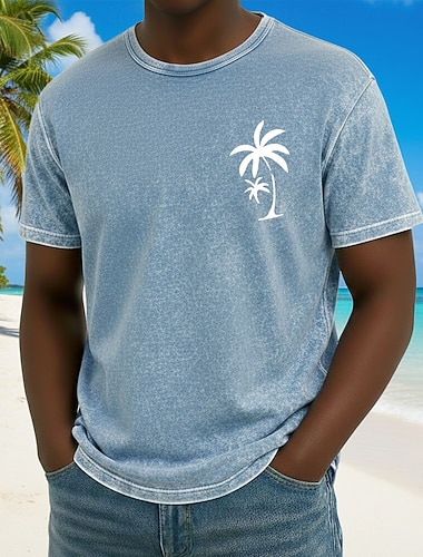  Herre Kokospalme T skjorte Mineralvask-T-skjorte Kortermet T skjorte Syrevask Crew-hals Skjorte Vintage retro Avslappet Strand Reise Blå Lilla Grå Sommer Vår Klær M L XL 2XL 3XL