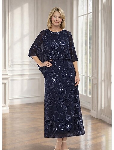  גזרת A שמלות עד הריצפה באורך הקרסול שמלת קוקטייל שמלת אורח לחתונה שמלה לאם הכלה  שרוולים קצרים חצי שרוול צווארון עגול קצר אלגנטית מְיוּפֶּה נוצץ וזוהר רשמי שיפון תחרה שאלים עם נצנצים